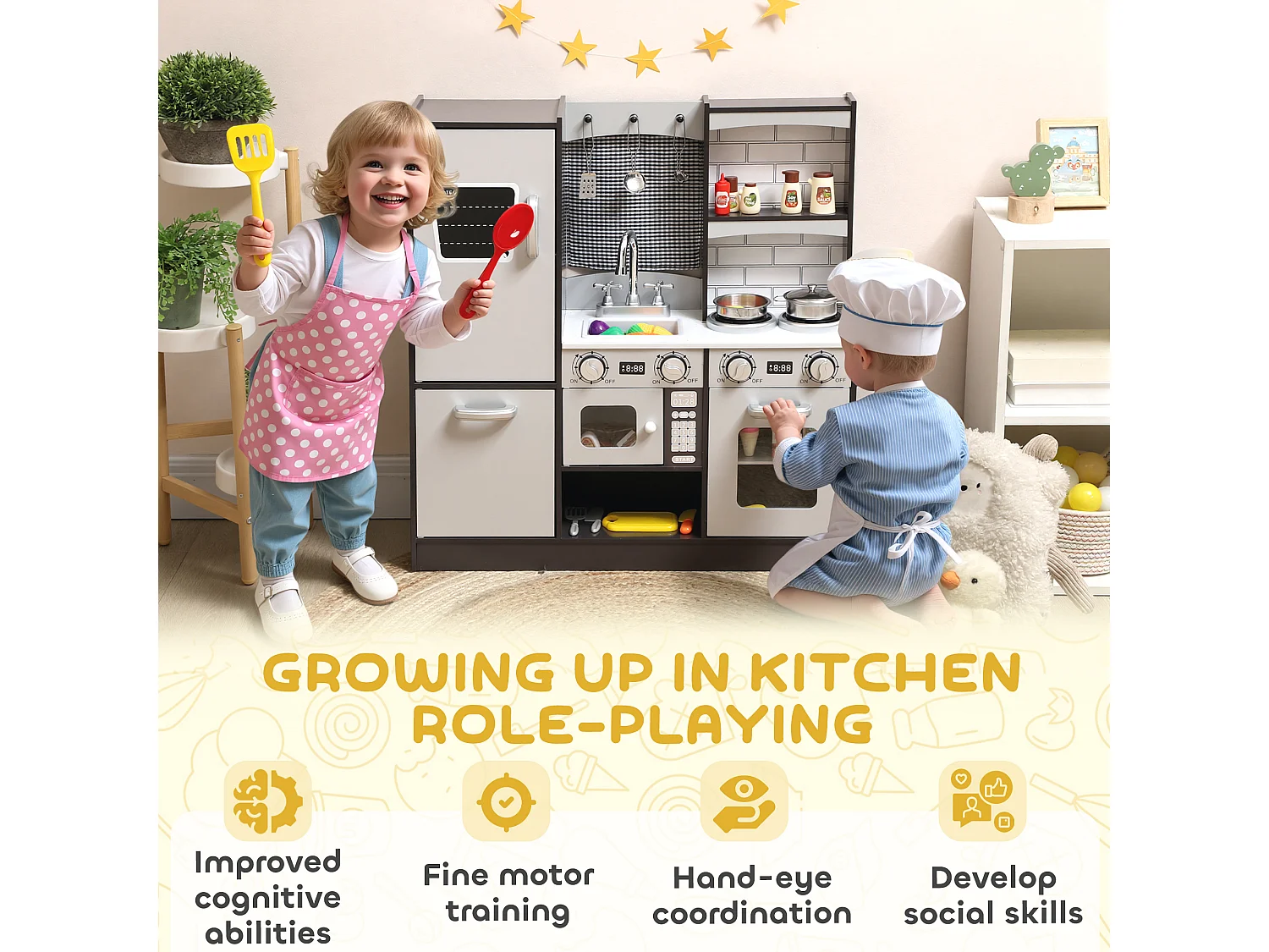 Cucina giocattolo per bambini 3-8 anni con accessori in legno marrone