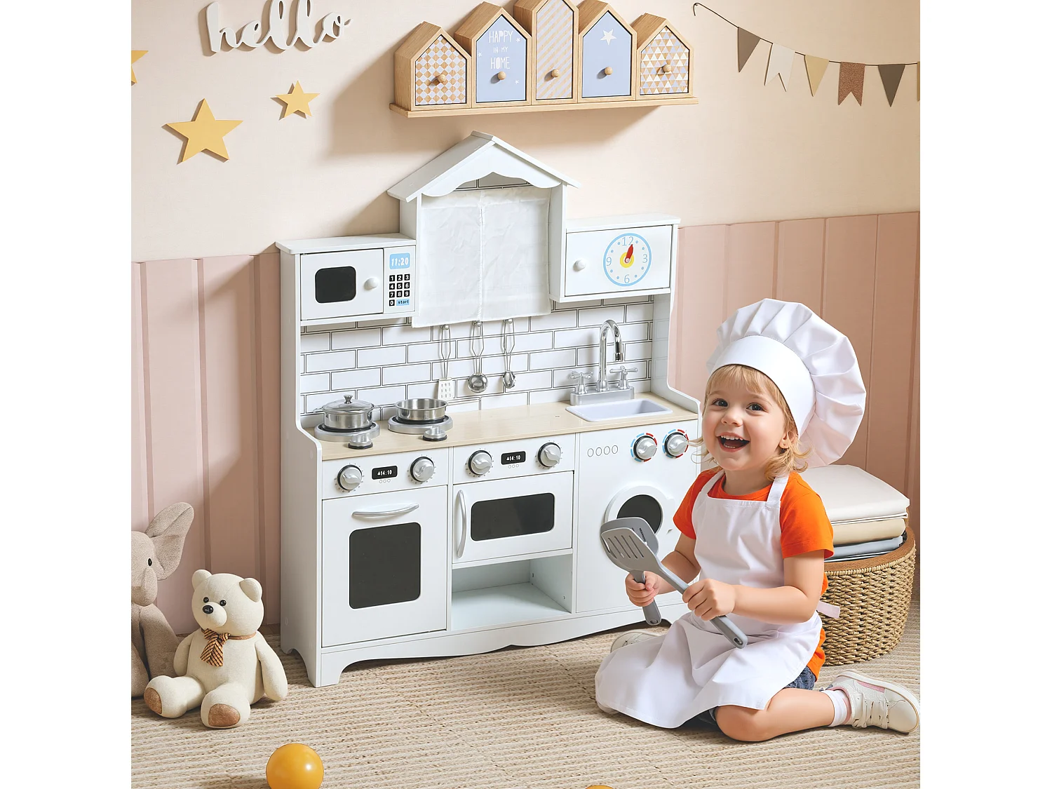 Cucina giocattolo per bambini 3-6 anni con accessori in legno bianco