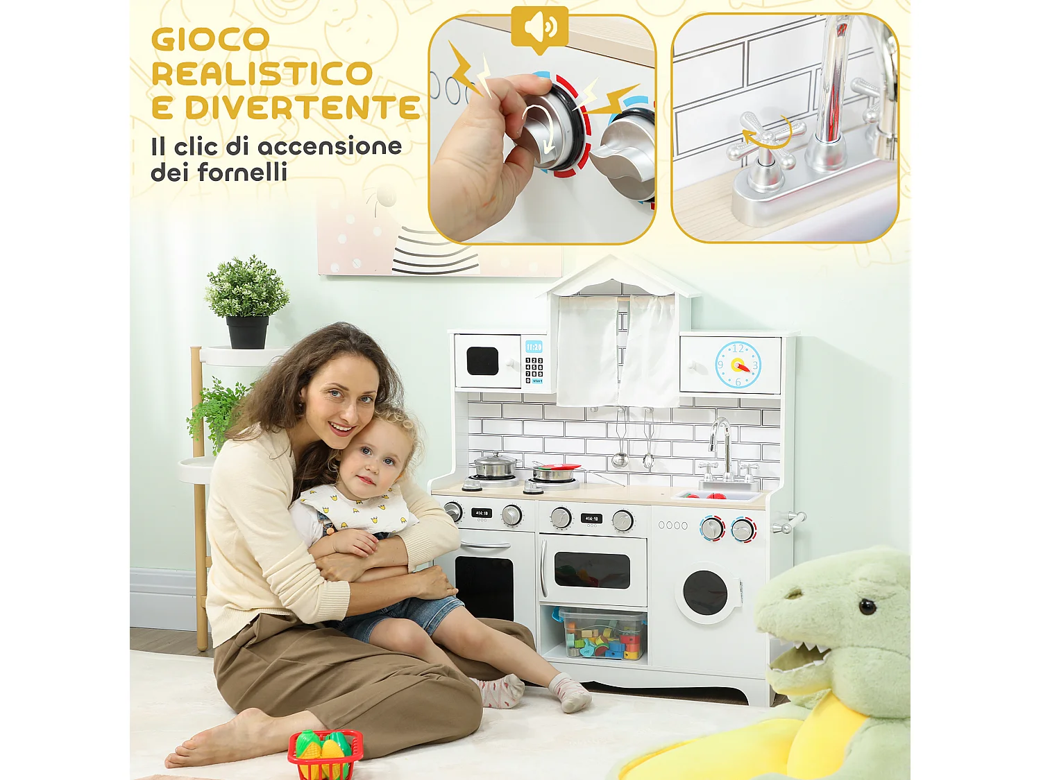 Cucina giocattolo per bambini 3-6 anni con accessori in legno bianco