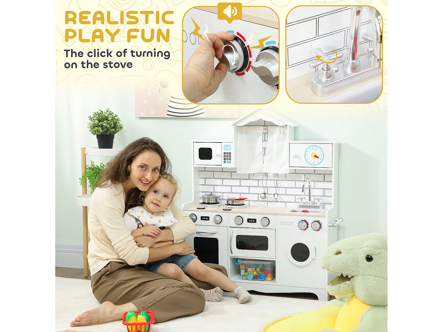 Cucina giocattolo per bambini 3-6 anni con accessori in legno bianco