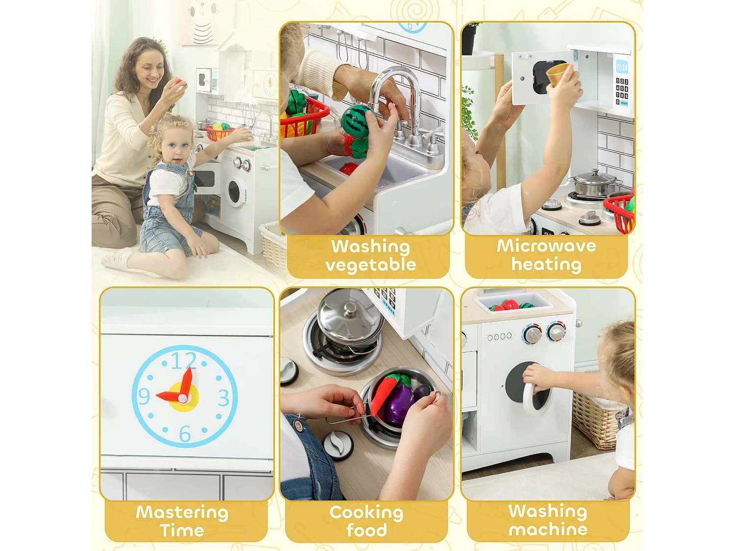 Cucina giocattolo per bambini 3-6 anni con accessori in legno bianco