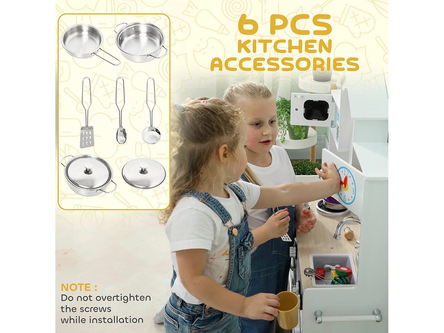 Cucina giocattolo per bambini 3-6 anni con accessori in legno bianco