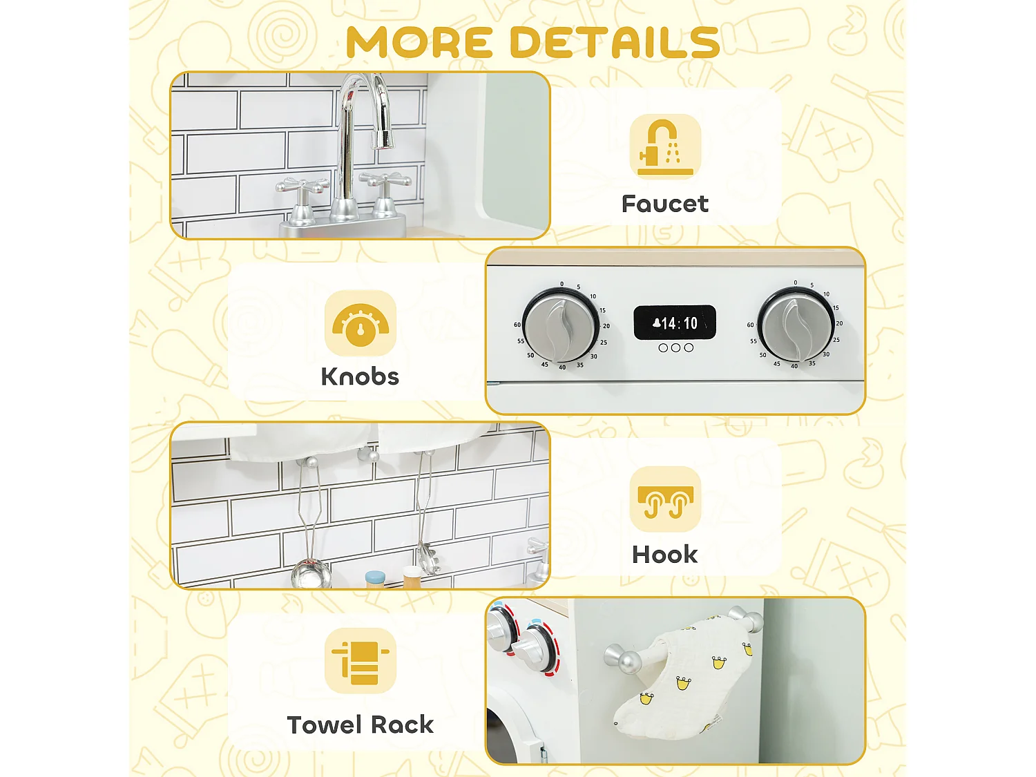 Cucina giocattolo per bambini 3-6 anni con accessori in legno bianco