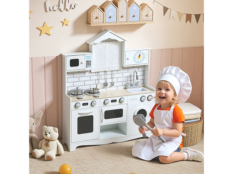 Cucina giocattolo per bambini 3-6 anni con accessori in legno bianco