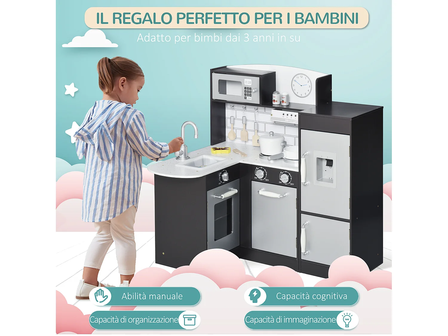 Cucina giocattolo in legno con microonde lavandino frigorifero