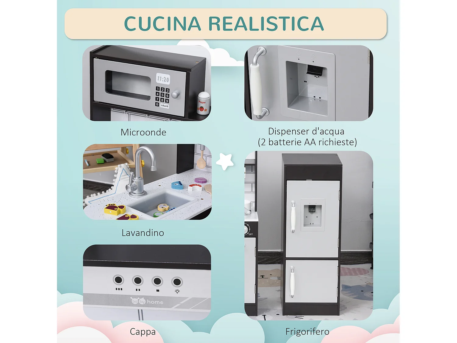 Cucina giocattolo in legno con microonde lavandino frigorifero