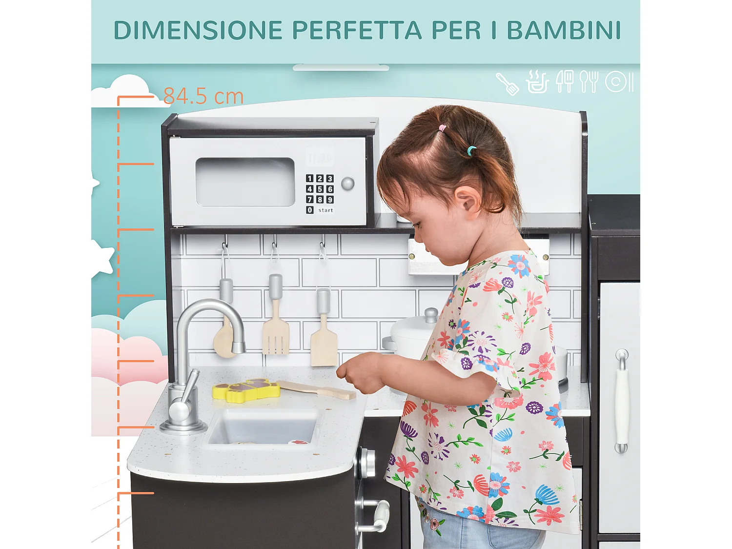 Cucina giocattolo in legno con microonde lavandino frigorifero