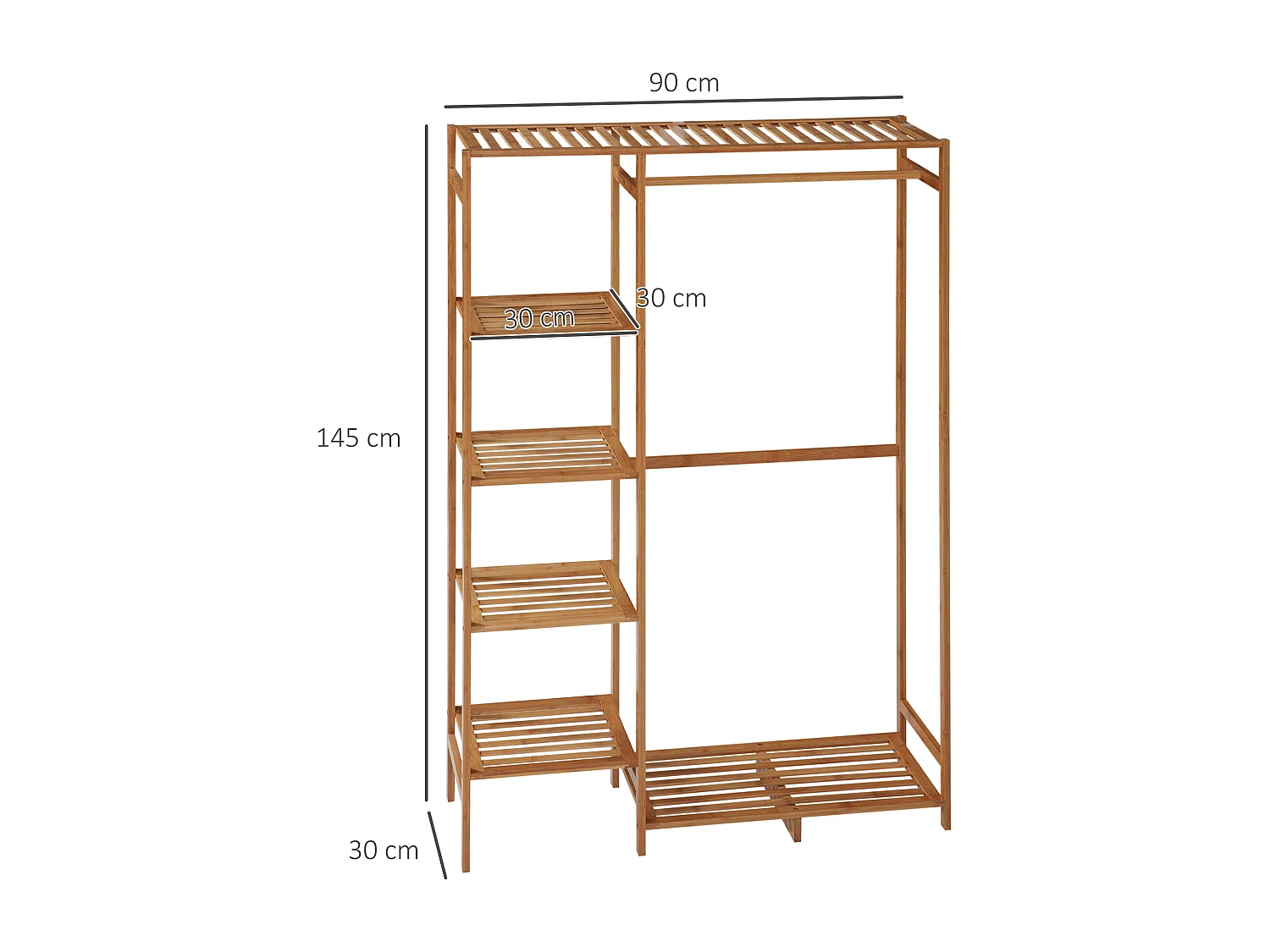 Appendiabiti con 6 ripiani e barra attaccapanni in bambù color legno