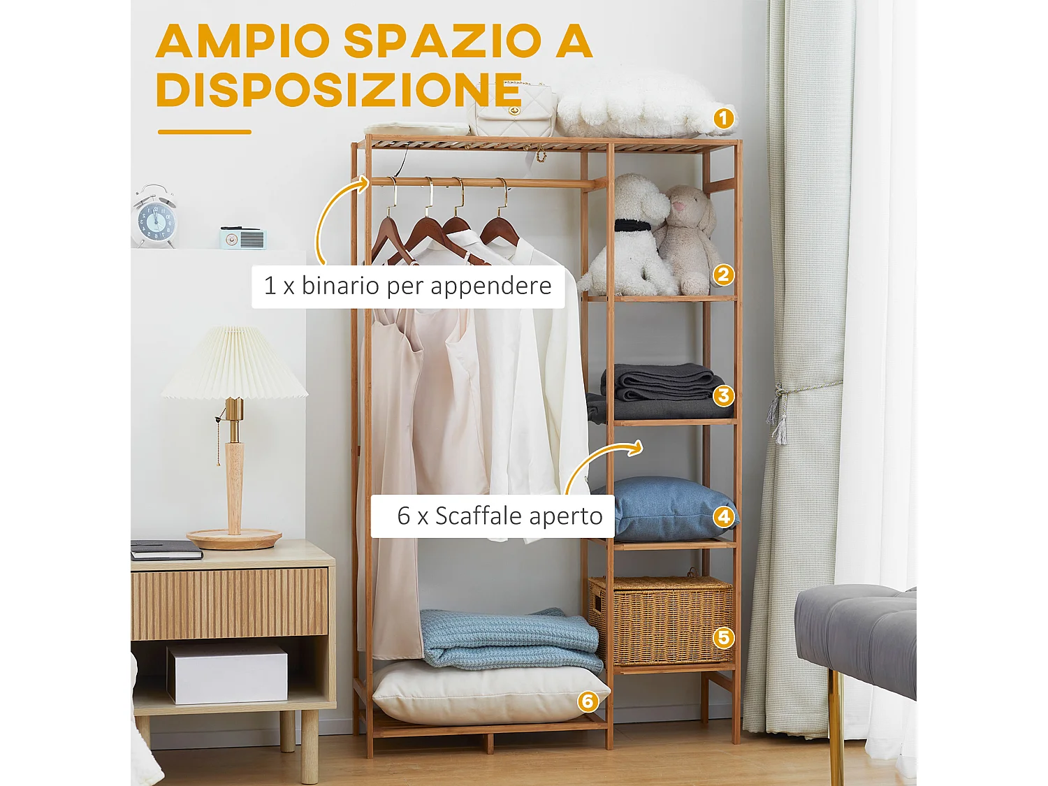 Appendiabiti con 6 ripiani e barra attaccapanni in bambù color legno