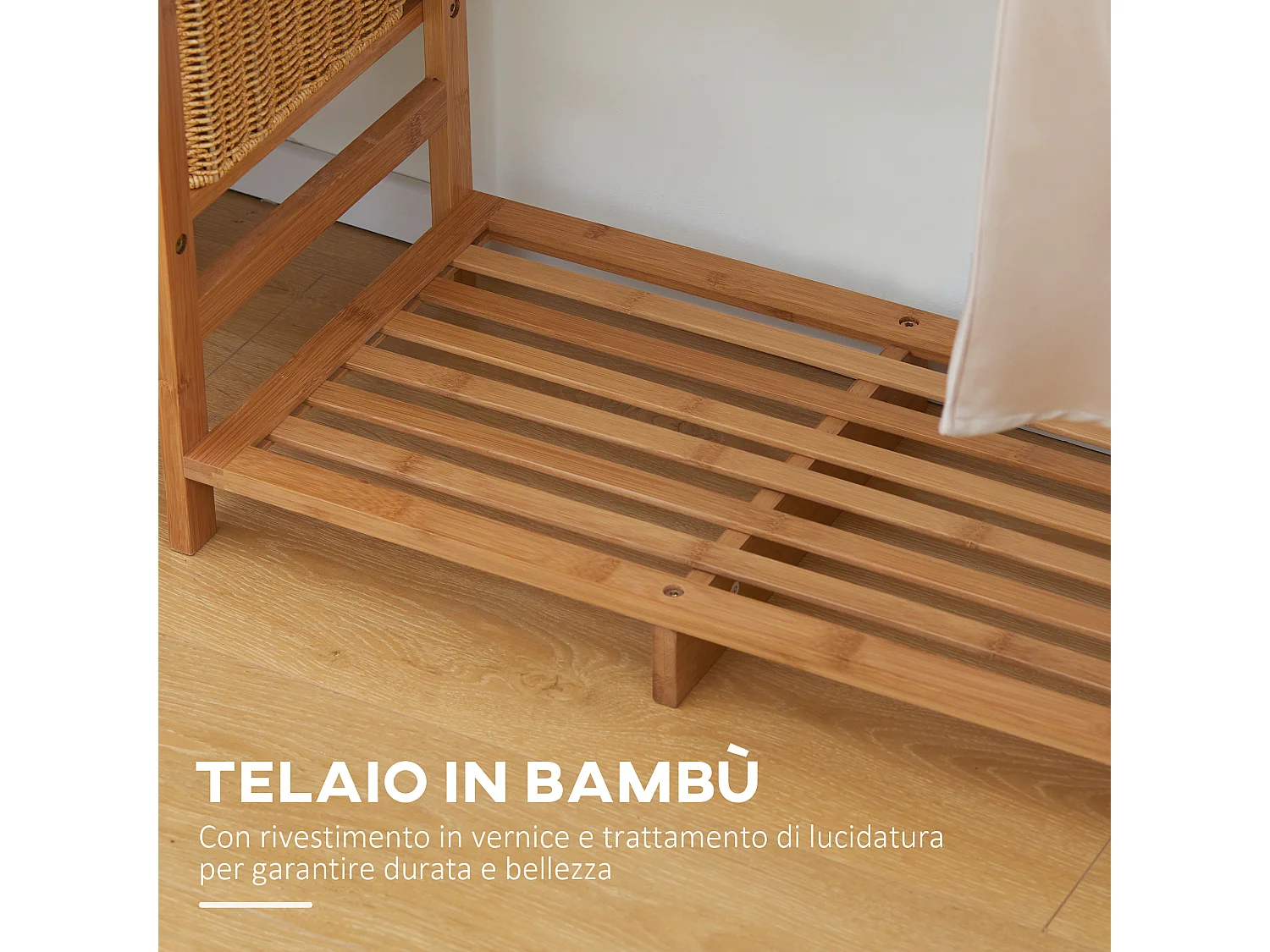 Appendiabiti con 6 ripiani e barra attaccapanni in bambù color legno