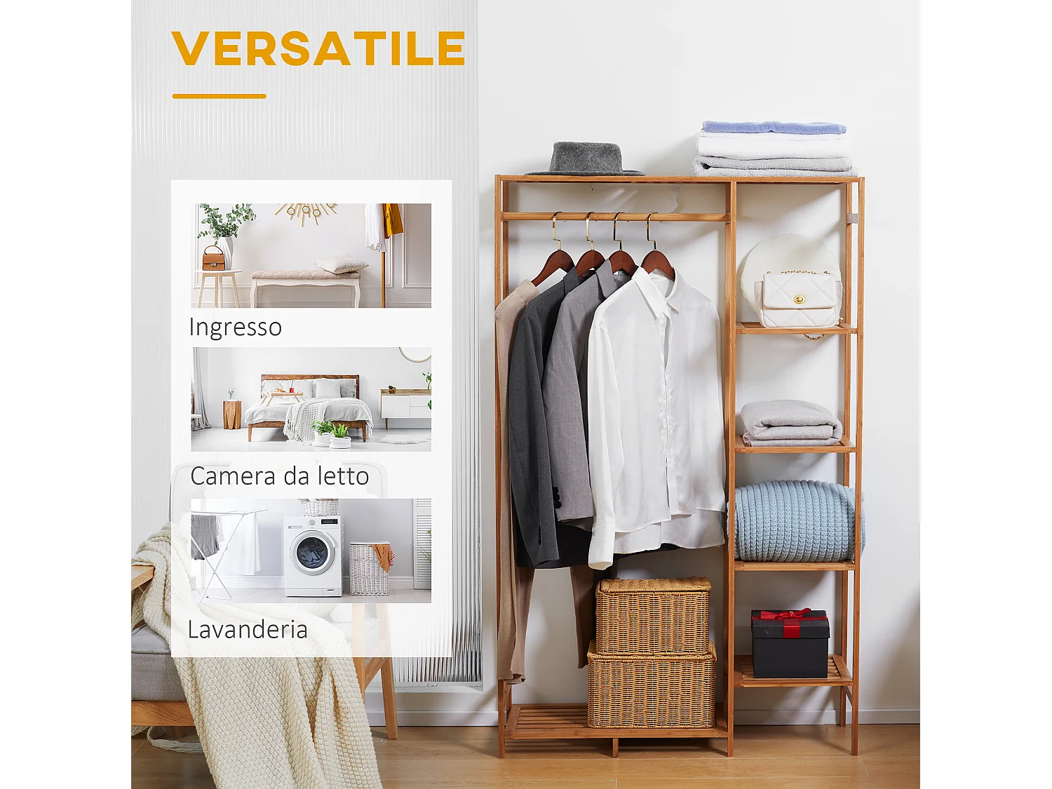 Appendiabiti con 6 ripiani e barra attaccapanni in bambù color legno