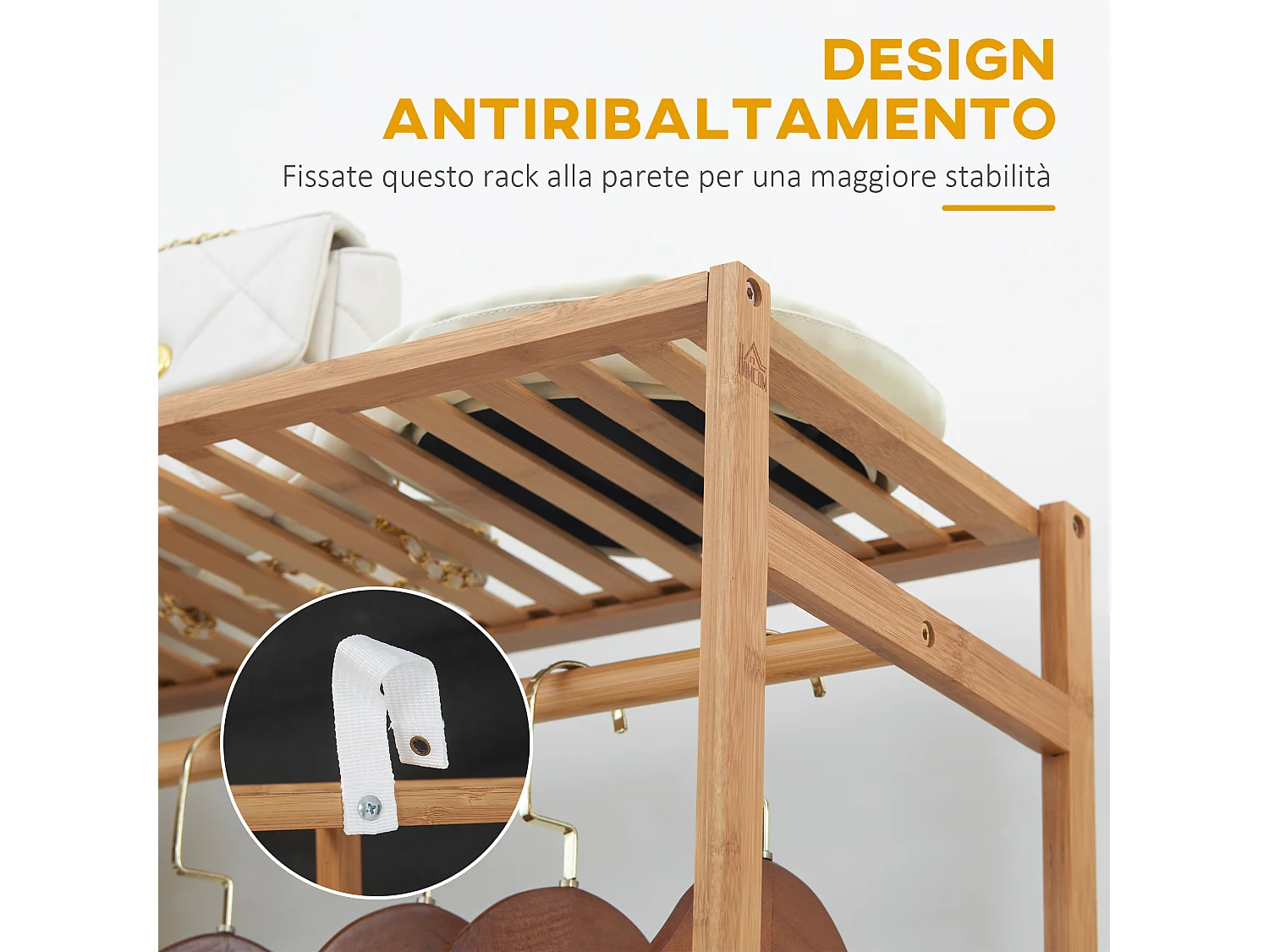 Appendiabiti con 6 ripiani e barra attaccapanni in bambù color legno