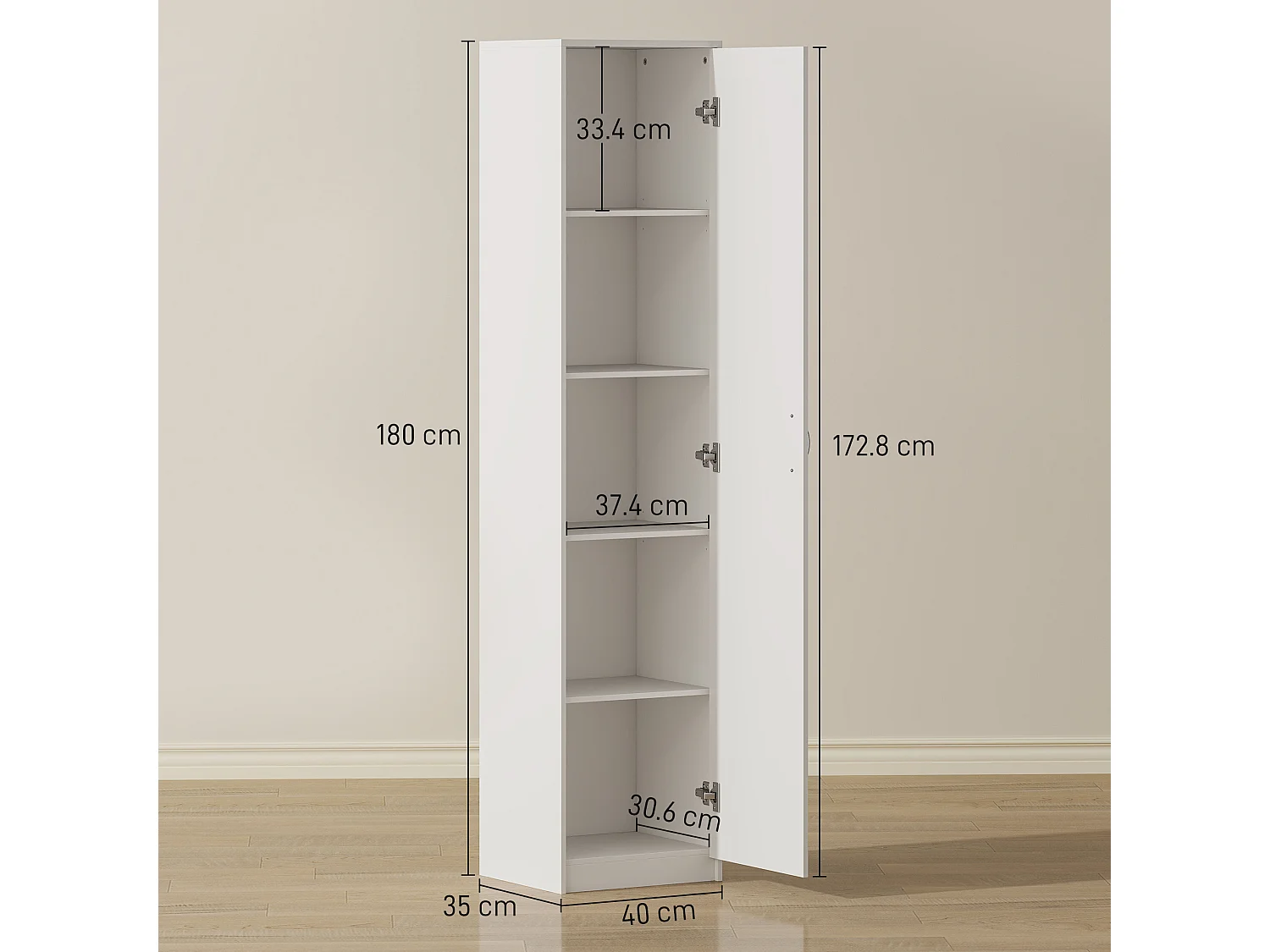 Armadio da cucina a 5 ripiani con spazio regolabile 40x35x180cm bianco