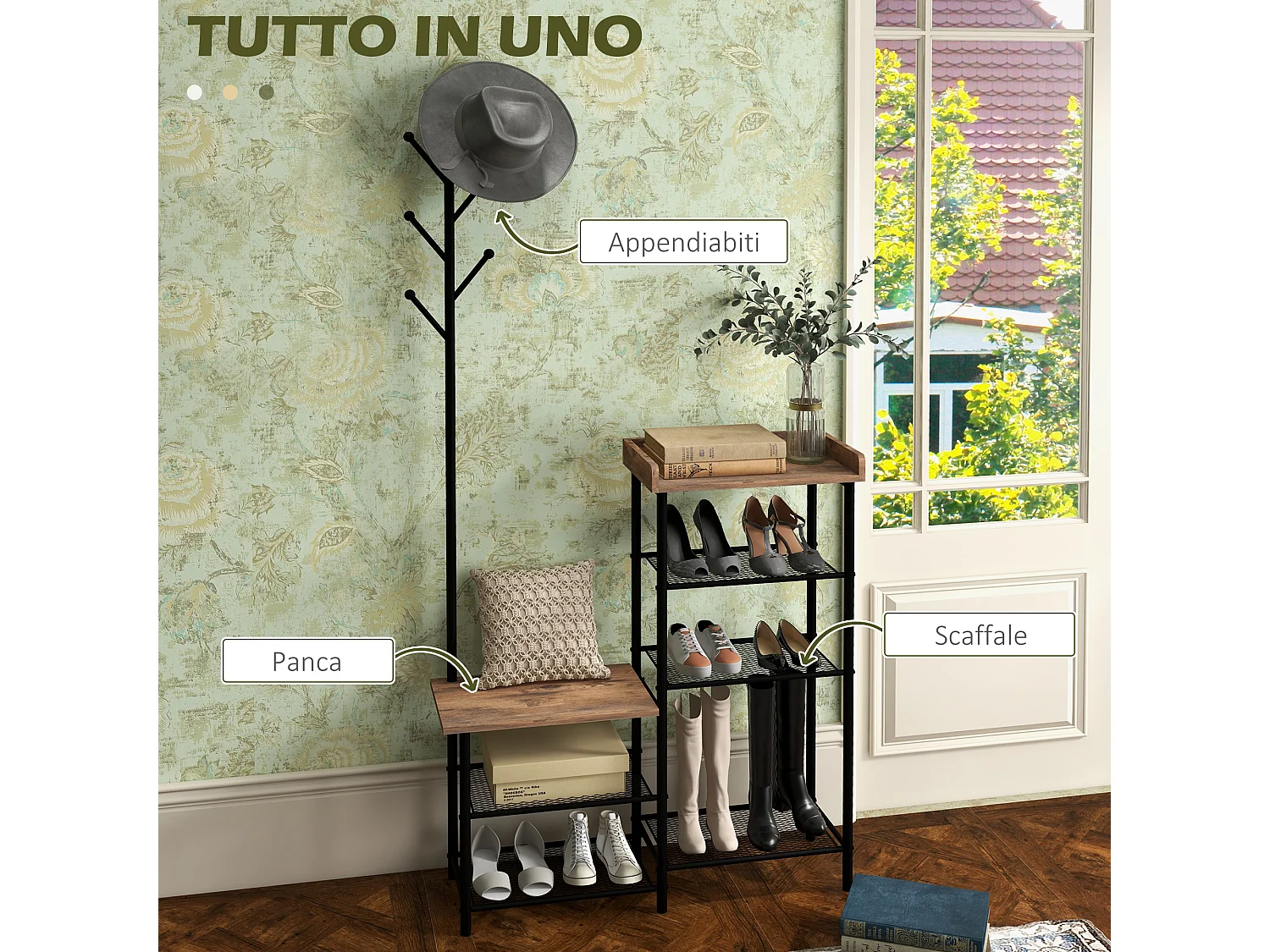 Appendiabiti da terra a 6 ganci con mobile scarpiera marrone