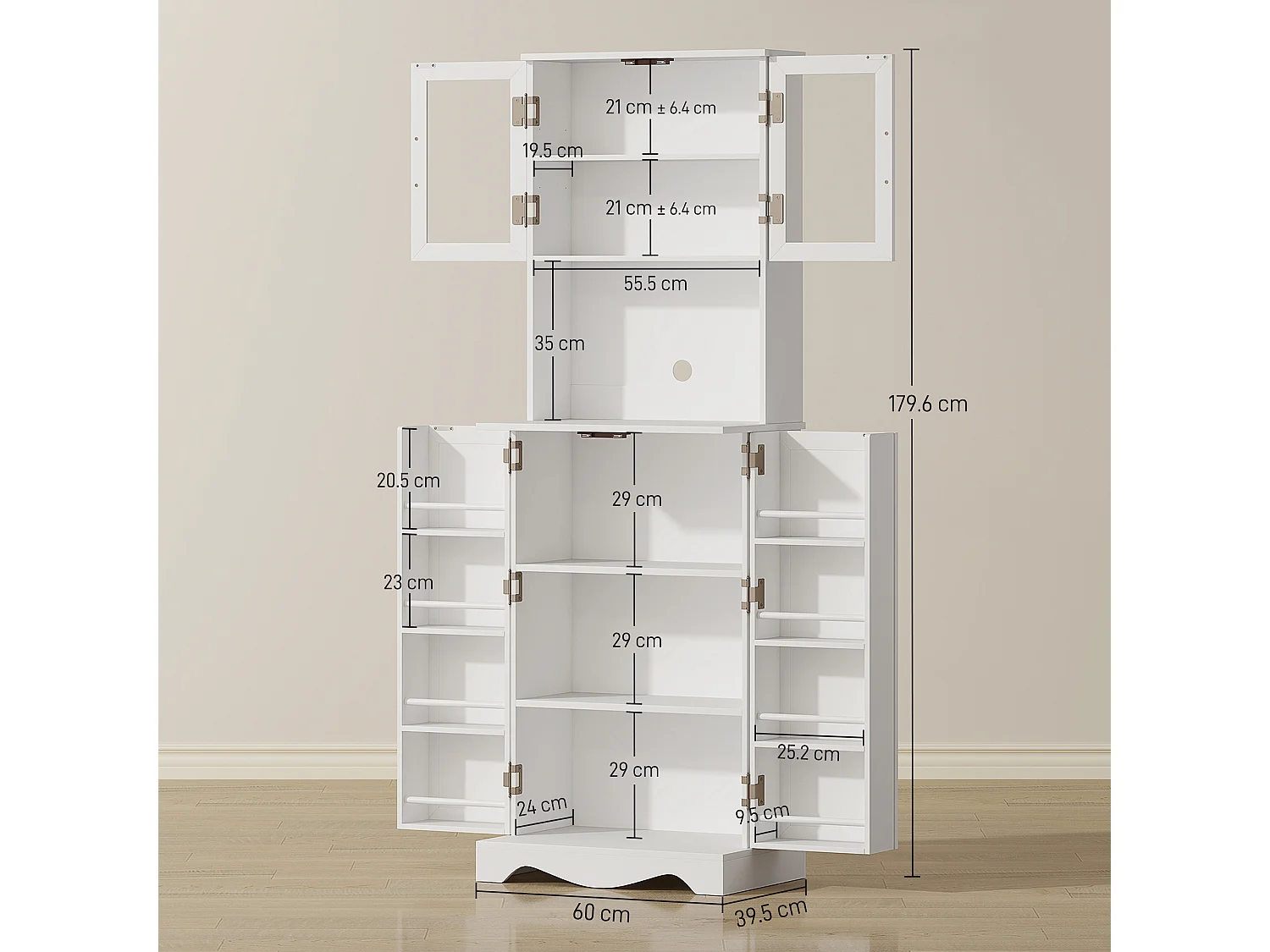 Dispensa cucina con 2 armadietti e 8 ripiani 60x39.5x179.6 cm bianco