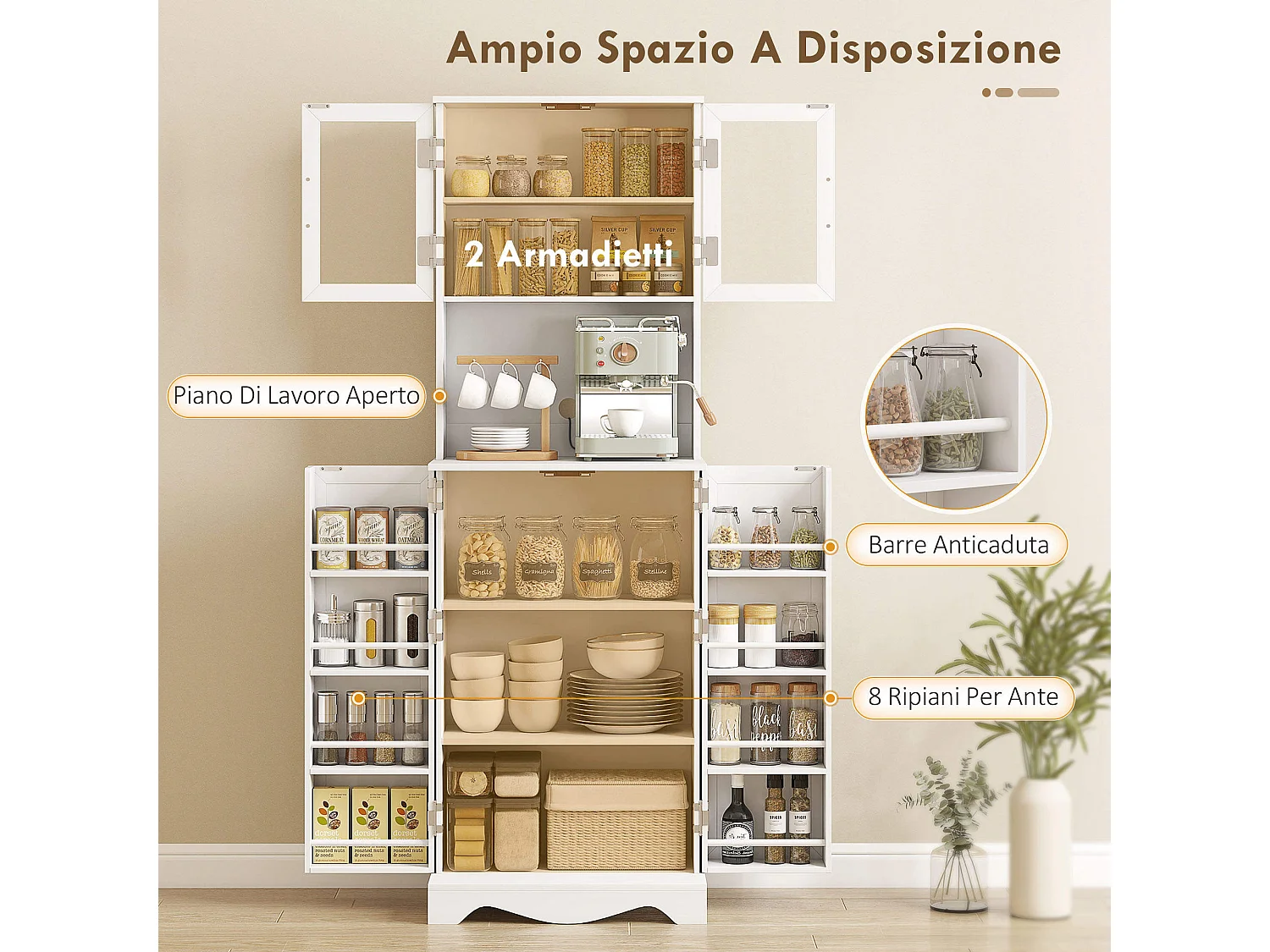 Dispensa cucina con 2 armadietti e 8 ripiani 60x39.5x179.6 cm bianco