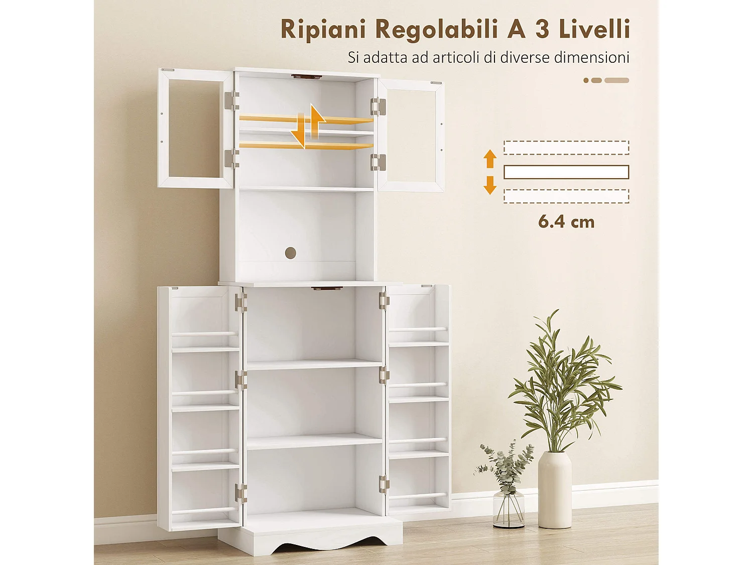 Dispensa cucina con 2 armadietti e 8 ripiani 60x39.5x179.6 cm bianco