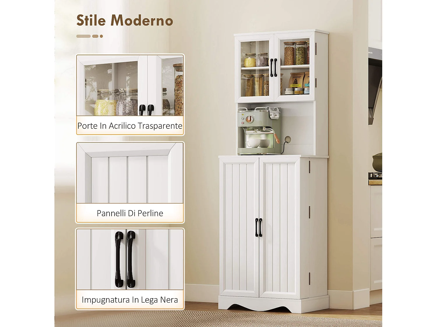 Dispensa cucina con 2 armadietti e 8 ripiani 60x39.5x179.6 cm bianco