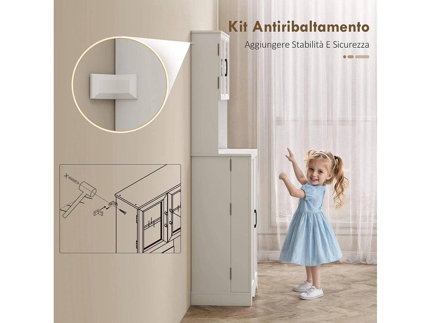 Dispensa cucina con 2 armadietti e 8 ripiani 60x39.5x179.6 cm bianco