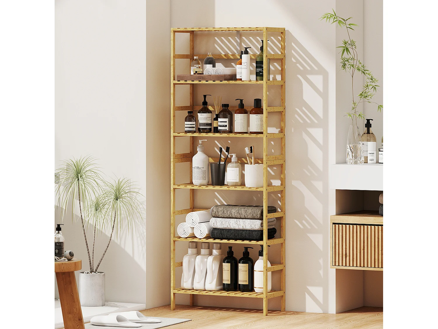 Scaffale a 6 livelli con ripiani regolabili in legno di bambù