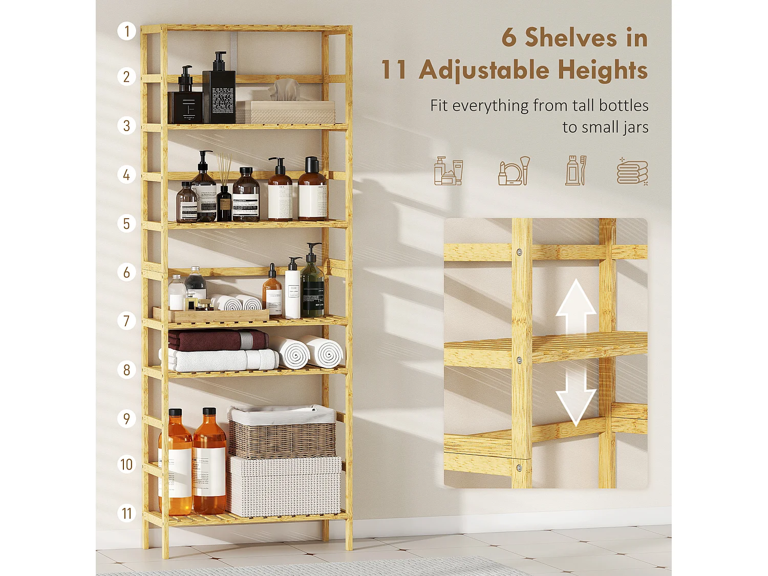 Scaffale a 6 livelli con ripiani regolabili in legno di bambù