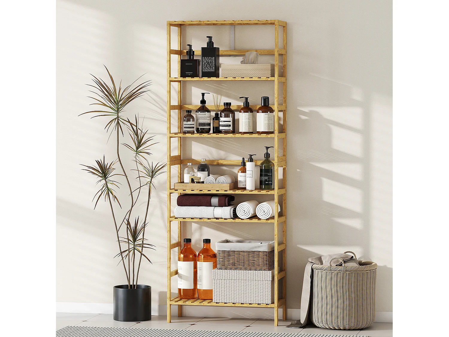 Scaffale a 6 livelli con ripiani regolabili in legno di bambù