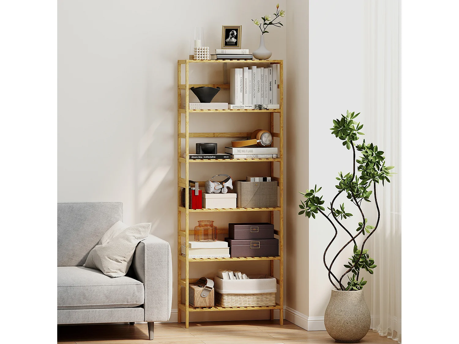 Scaffale a 6 livelli con ripiani regolabili in legno di bambù