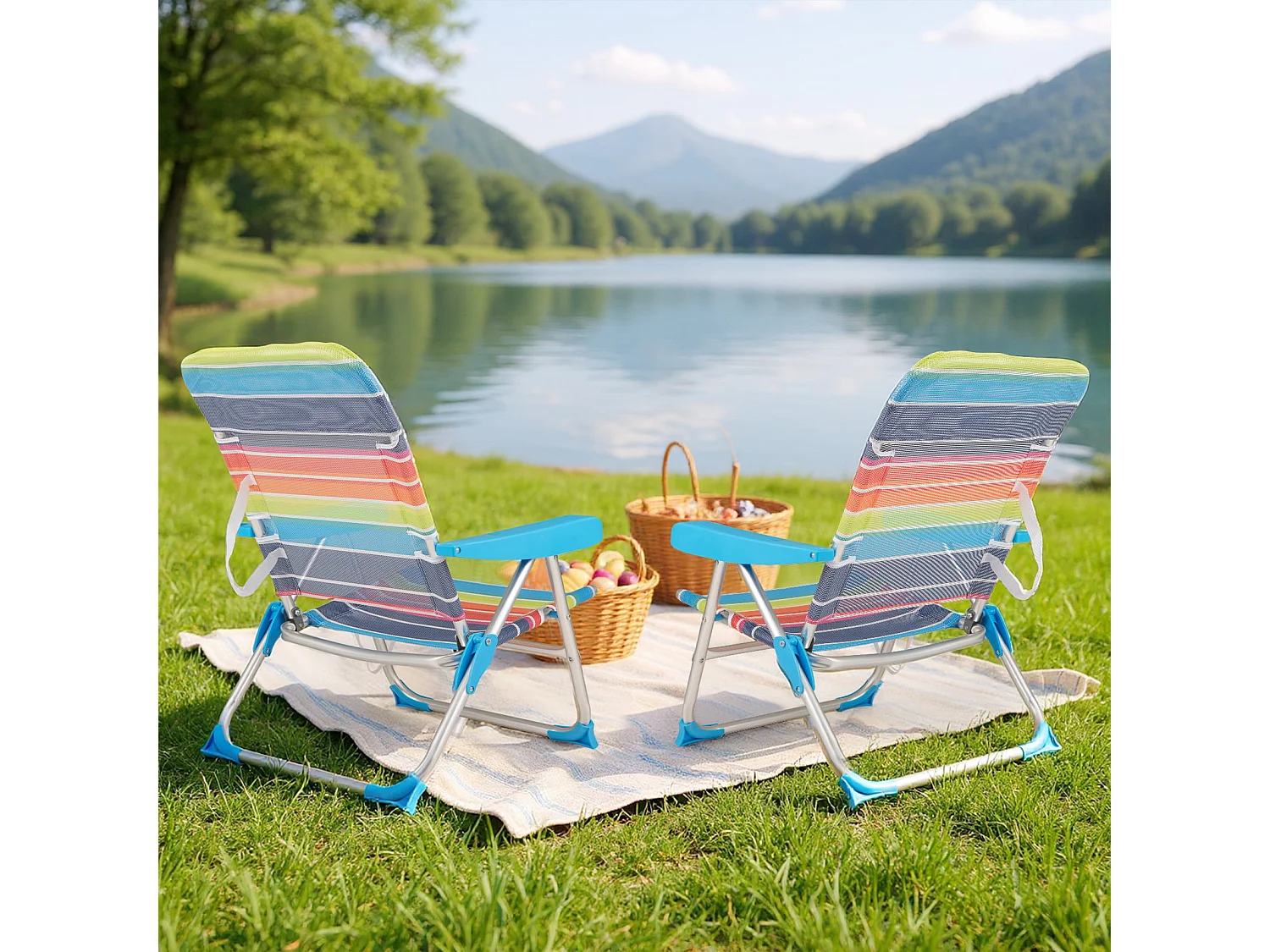 2er Set Strandstuhl faltbarer Picknickstuhl mit 5 Positionen verstellbarer Rückenlehne mit Armlehnen Bunt