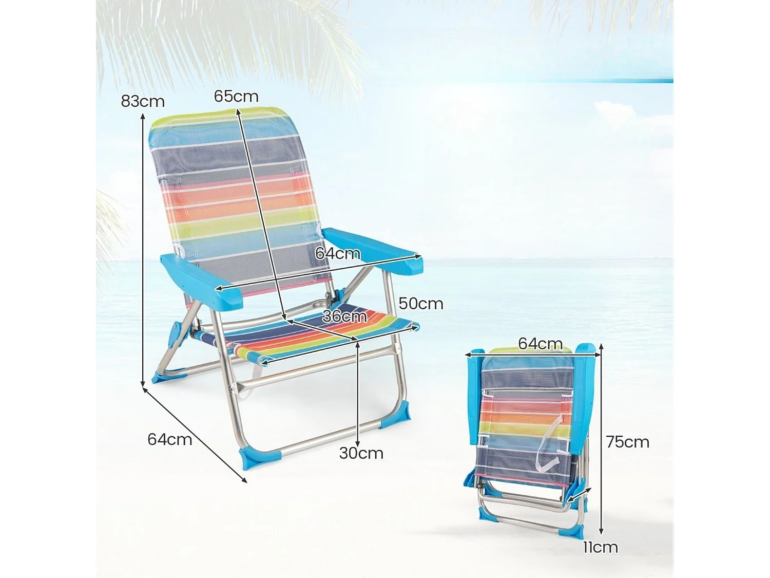2er Set Strandstuhl faltbarer Picknickstuhl mit 5 Positionen verstellbarer Rückenlehne mit Armlehnen Bunt