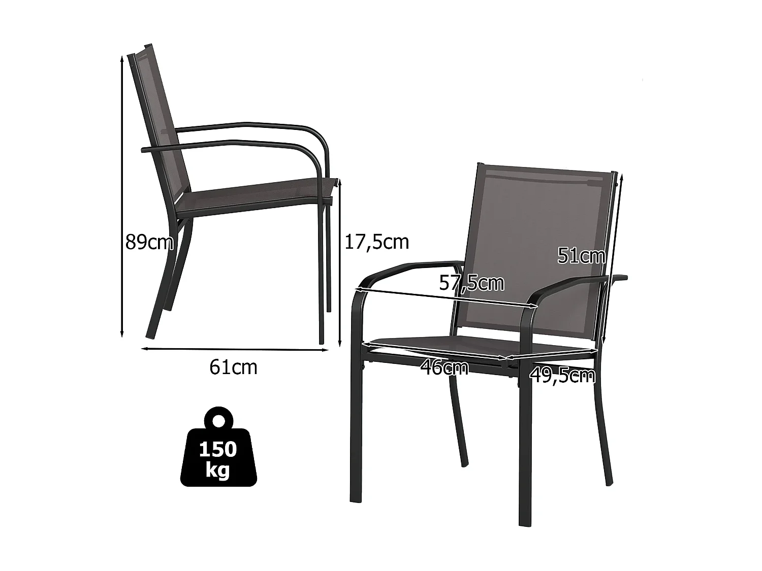 Set di sedie da pranzo per esterni con 2 sedie sedie impilabili da patio con tessuto traspirante grigio