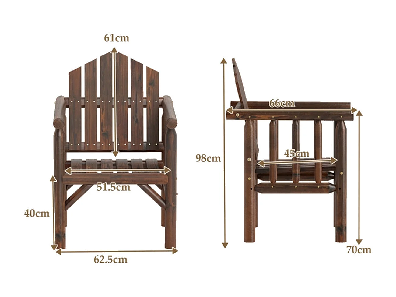 Poltrona da esterno in legno Sedia da pranzo da giardino in legno con braccioli e schienale alto inclinato Marrone
