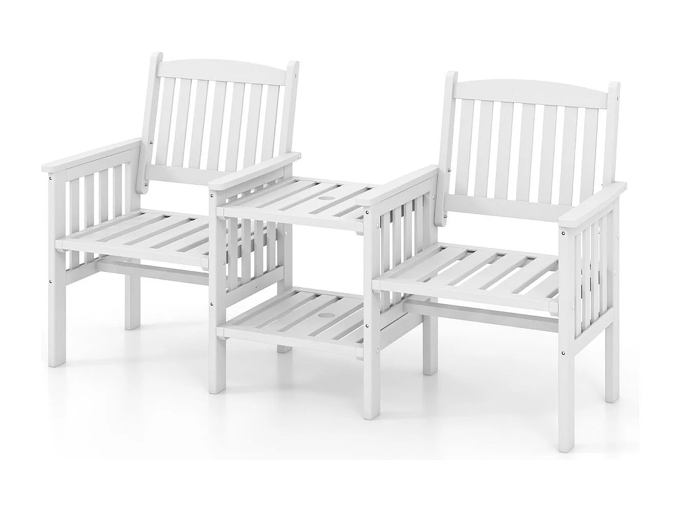 Panchina da giardino in legno di abete con tavolino a 2 ripiani e foro per ombrellone, Panchina per 2 persone Bianco