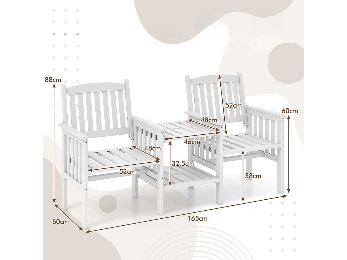 Panchina da giardino in legno di abete con tavolino a 2 ripiani e foro per ombrellone, Panchina per 2 persone Bianco