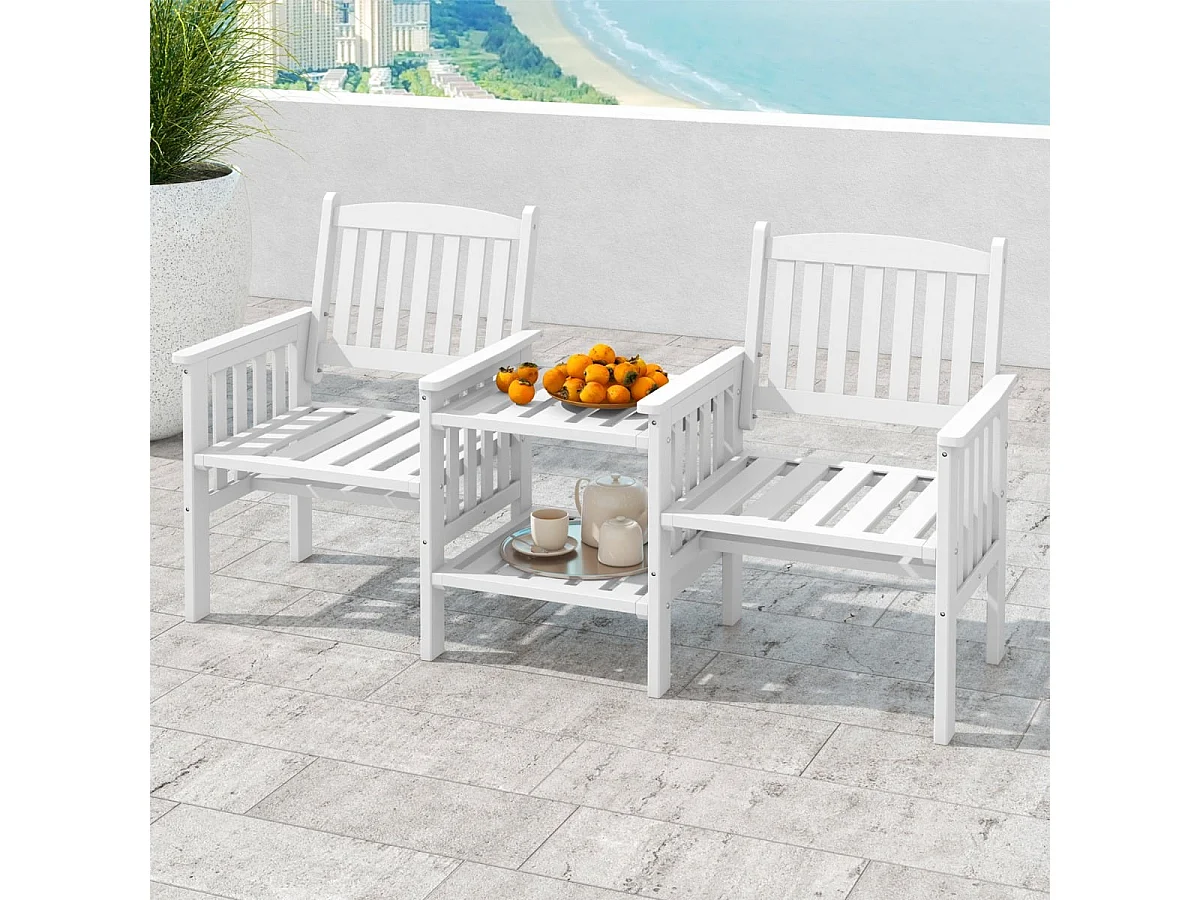 Panchina da giardino in legno di abete con tavolino a 2 ripiani e foro per ombrellone, Panchina per 2 persone Bianco