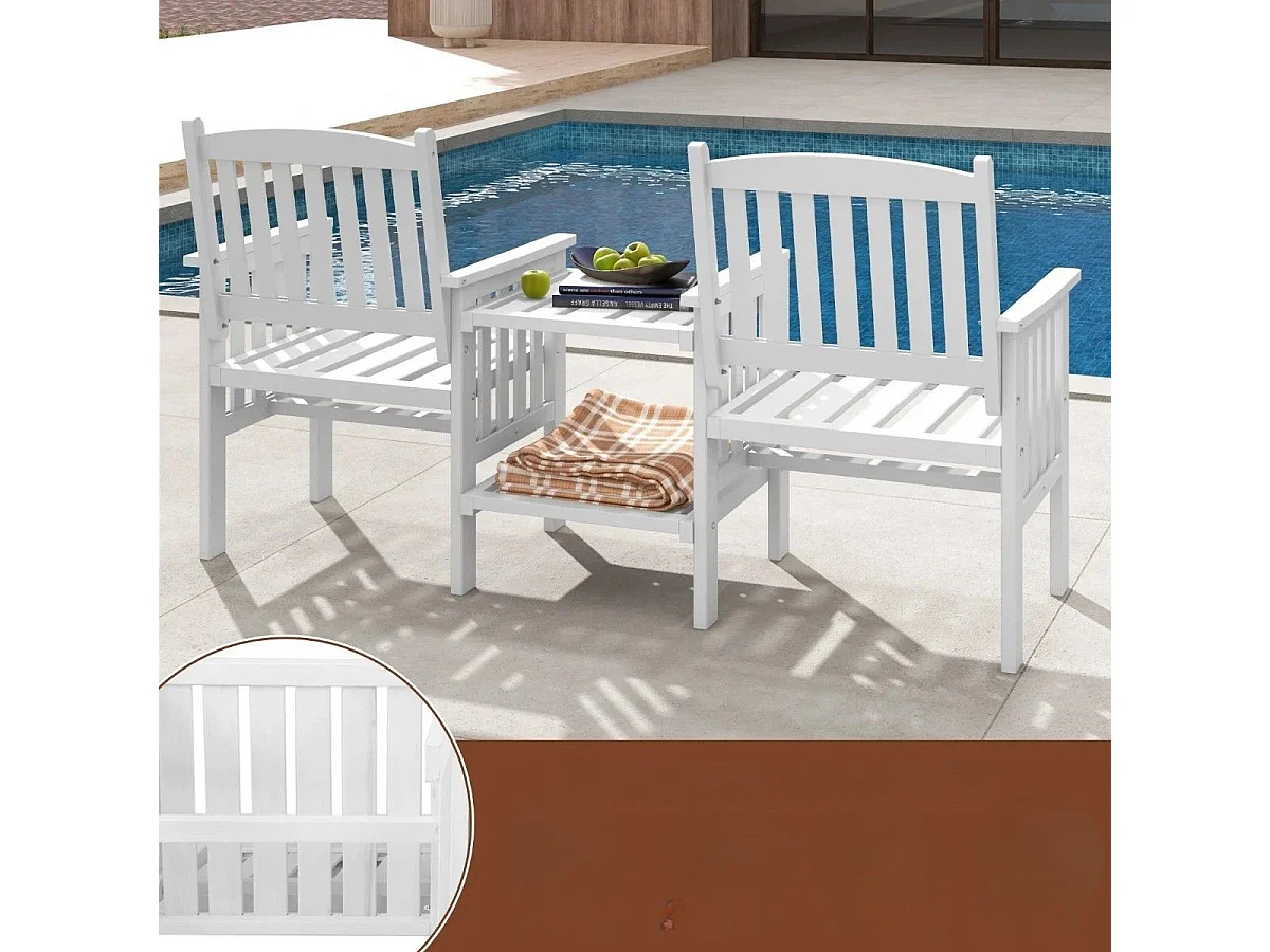 Panchina da giardino in legno di abete con tavolino a 2 ripiani e foro per ombrellone, Panchina per 2 persone Bianco