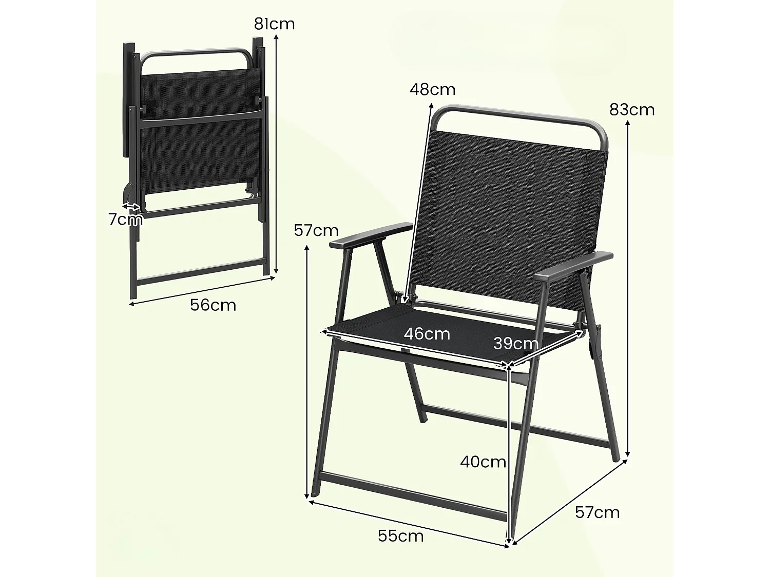 Set di 2 sedie da giardino pieghevoli con telaio in metallo, Sedie da spiaggia con schienale e braccioli Nero