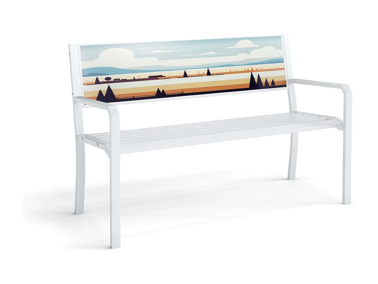 Pancha da giardino sedile a doghe, Panchina per esterno in metallo a 2 posti con schienale decorativo Bianco