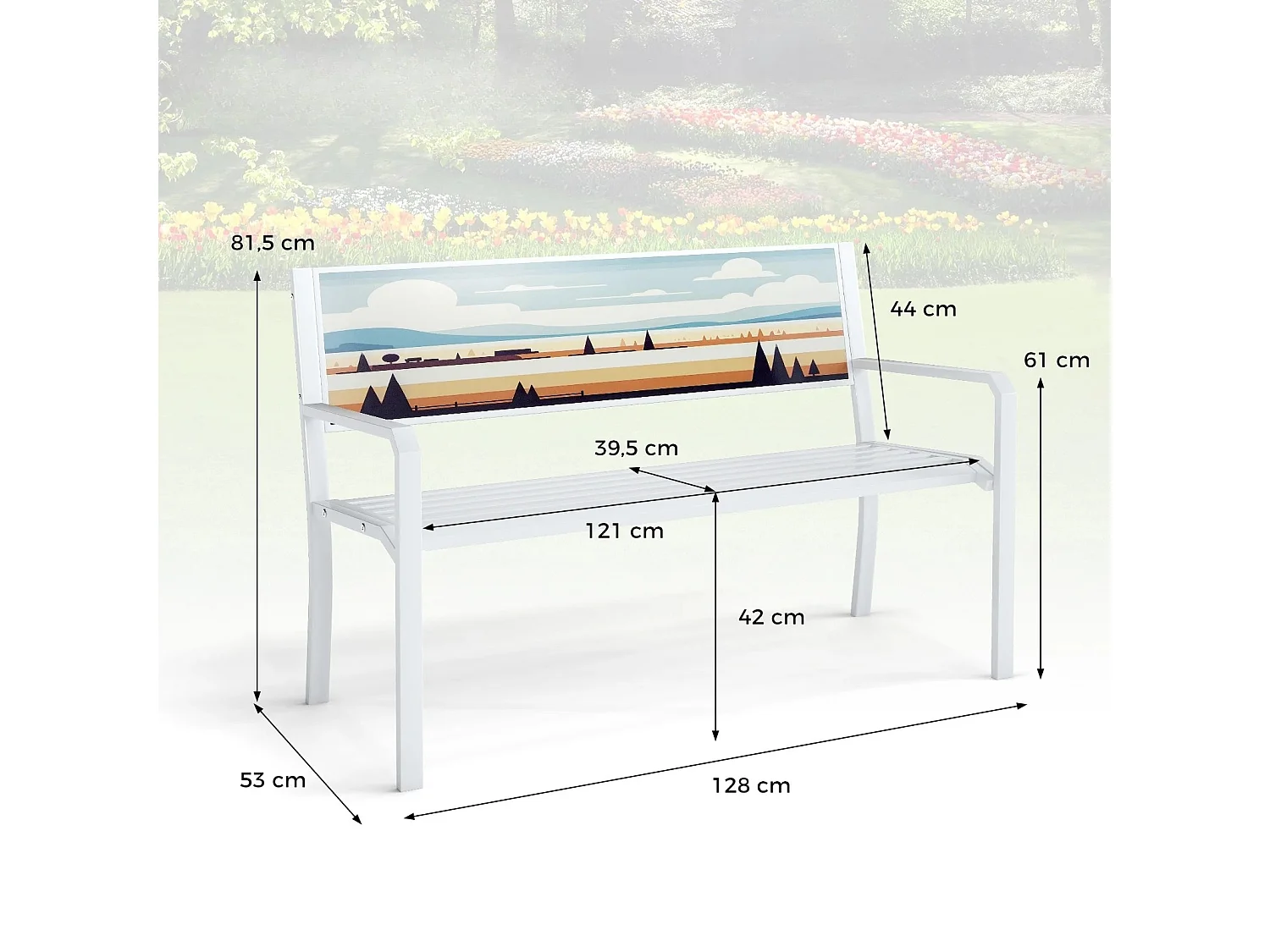 Pancha da giardino sedile a doghe, Panchina per esterno in metallo a 2 posti con schienale decorativo Bianco