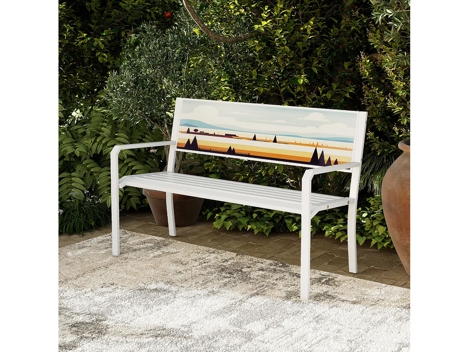 Pancha da giardino sedile a doghe, Panchina per esterno in metallo a 2 posti con schienale decorativo Bianco