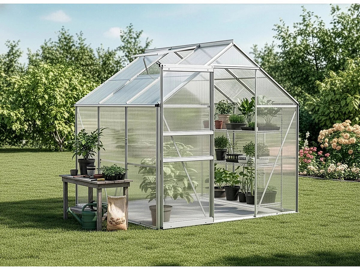 Embase en aluminium pour serre jardin "Basilic" - 3,61 m² - Gris