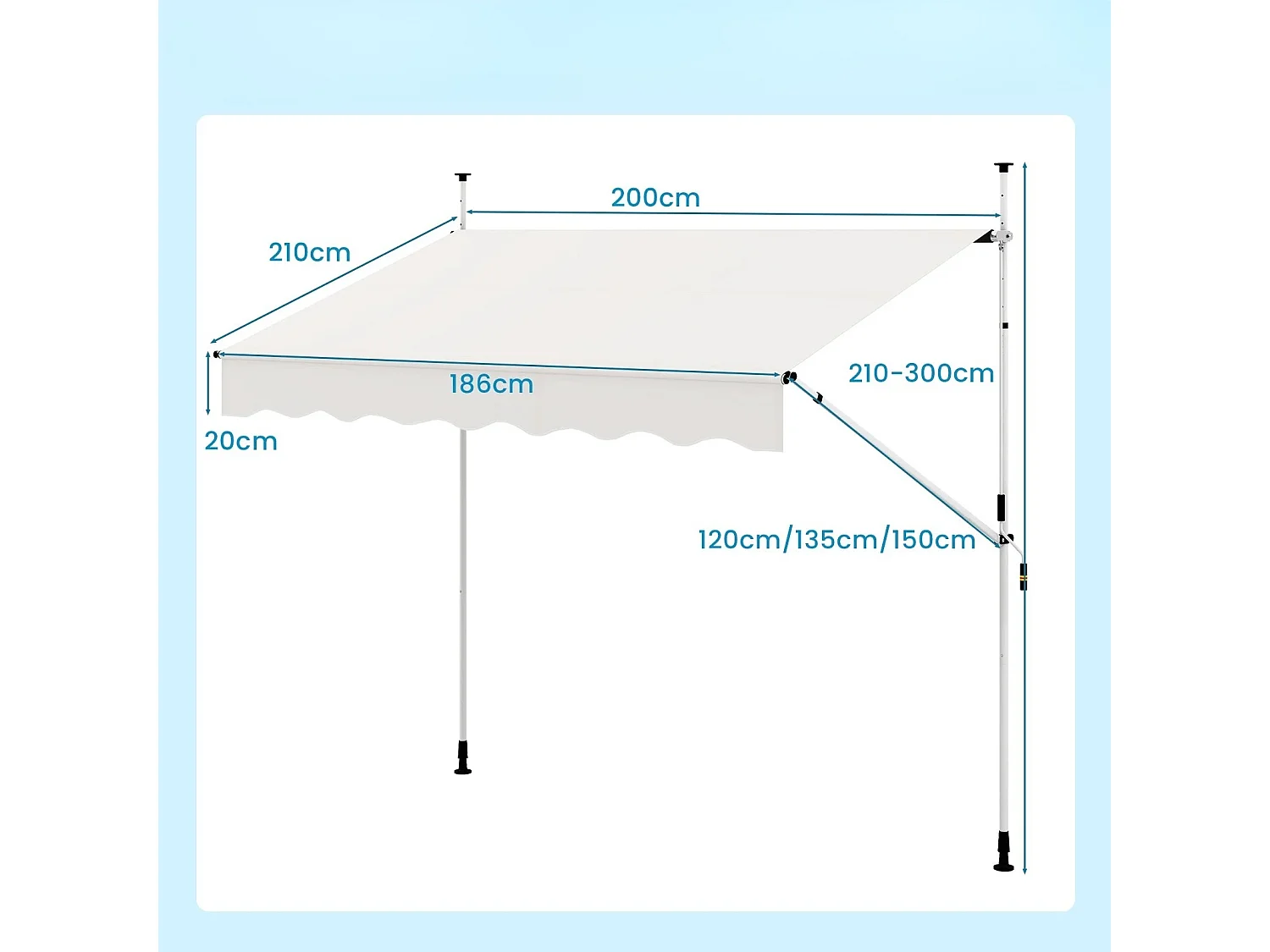 Klemmmarkise 200cm Balkonmarkise ohne Bohren mit Handkurbel Höhenverstellbar & UV-beständig 200 cm Weiß
