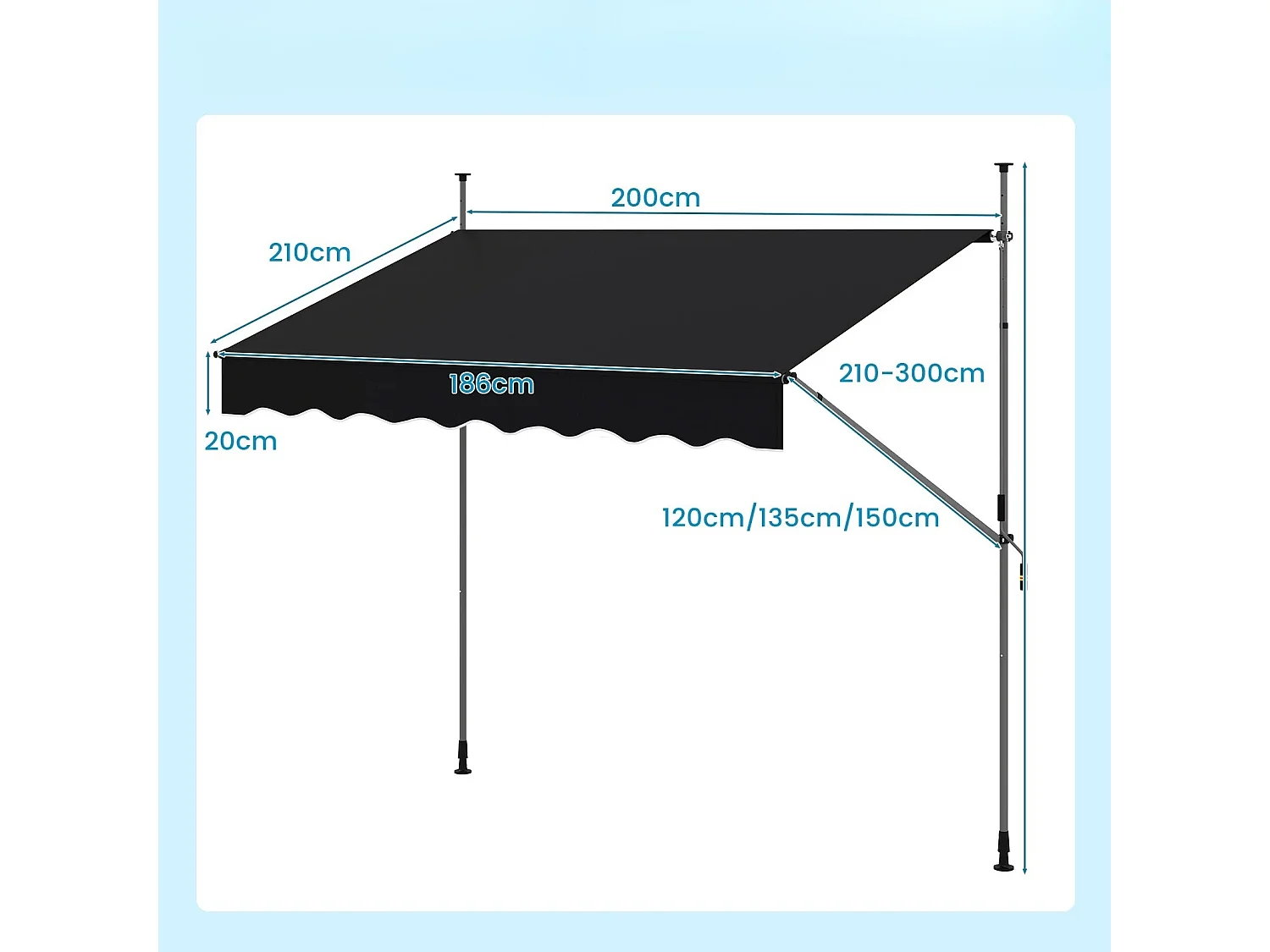 Auvent Rétractable Manuel 200 x 300 cm Réglable en Hauteur Pare-Soleil Extérieur avec Manivelle Canopée de Fenêtre Porte Sans Perçage Noir