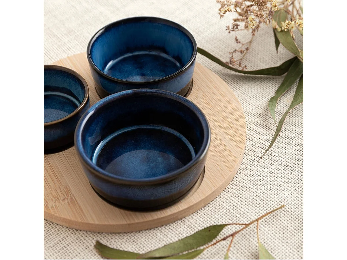 Tabla de aperitivo Moana Bidasoa 3 cuencos cerámica natural/azul