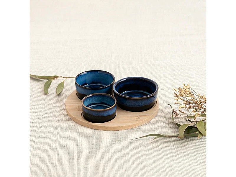 Tabla de aperitivo Moana Bidasoa 3 cuencos cerámica natural/azul