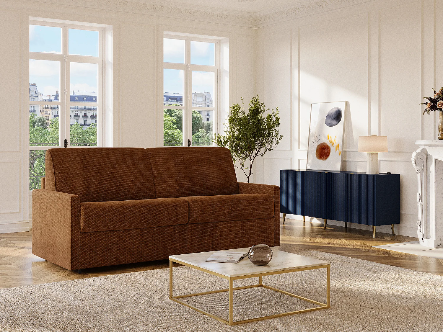 Canapé 4 places convertible express en tissu terracotta - Couchage à lattes larges 160 cm - Matelas 14 cm CALIFE