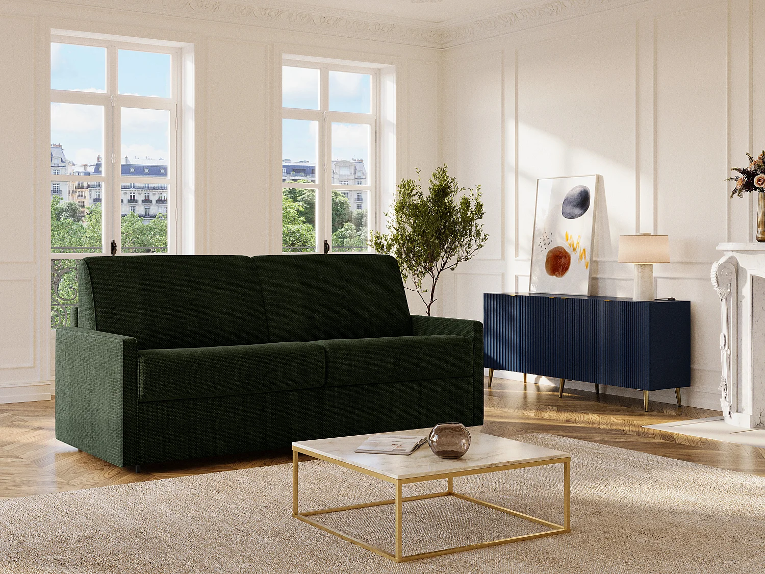 Canapé 4 places convertible express en tissu vert sapin - Couchage 160 cm - Matelas 18 cm CALIFE