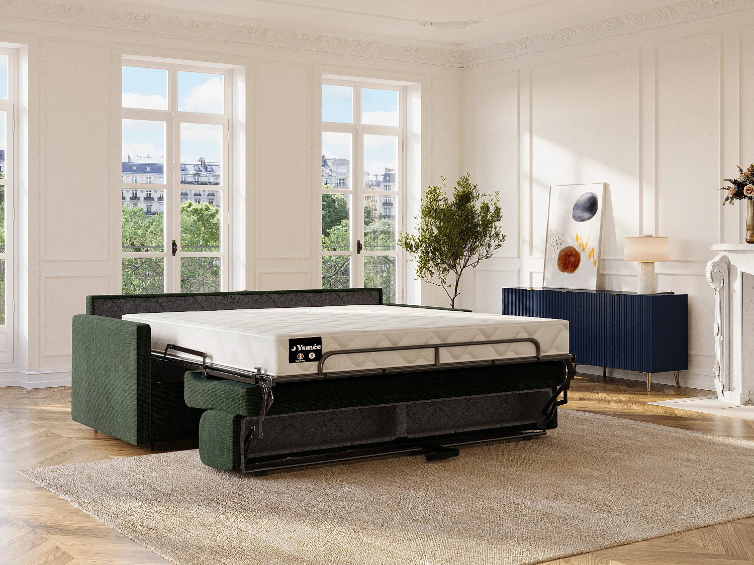 2-sits konvertibel soffa i grangrön tyg - Bäddmått 120 cm - Madrass 18 cm CALIFE