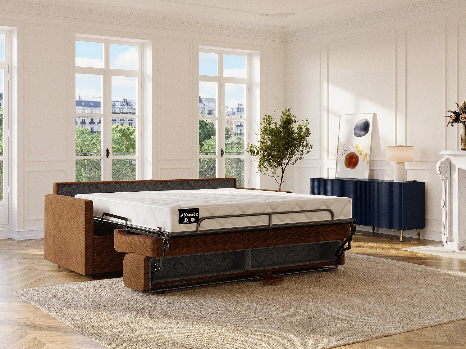 3-seter sovesofa i terrakottastoff - Bredt liggeareal 140 cm - Madrass 18 cm CALIFE