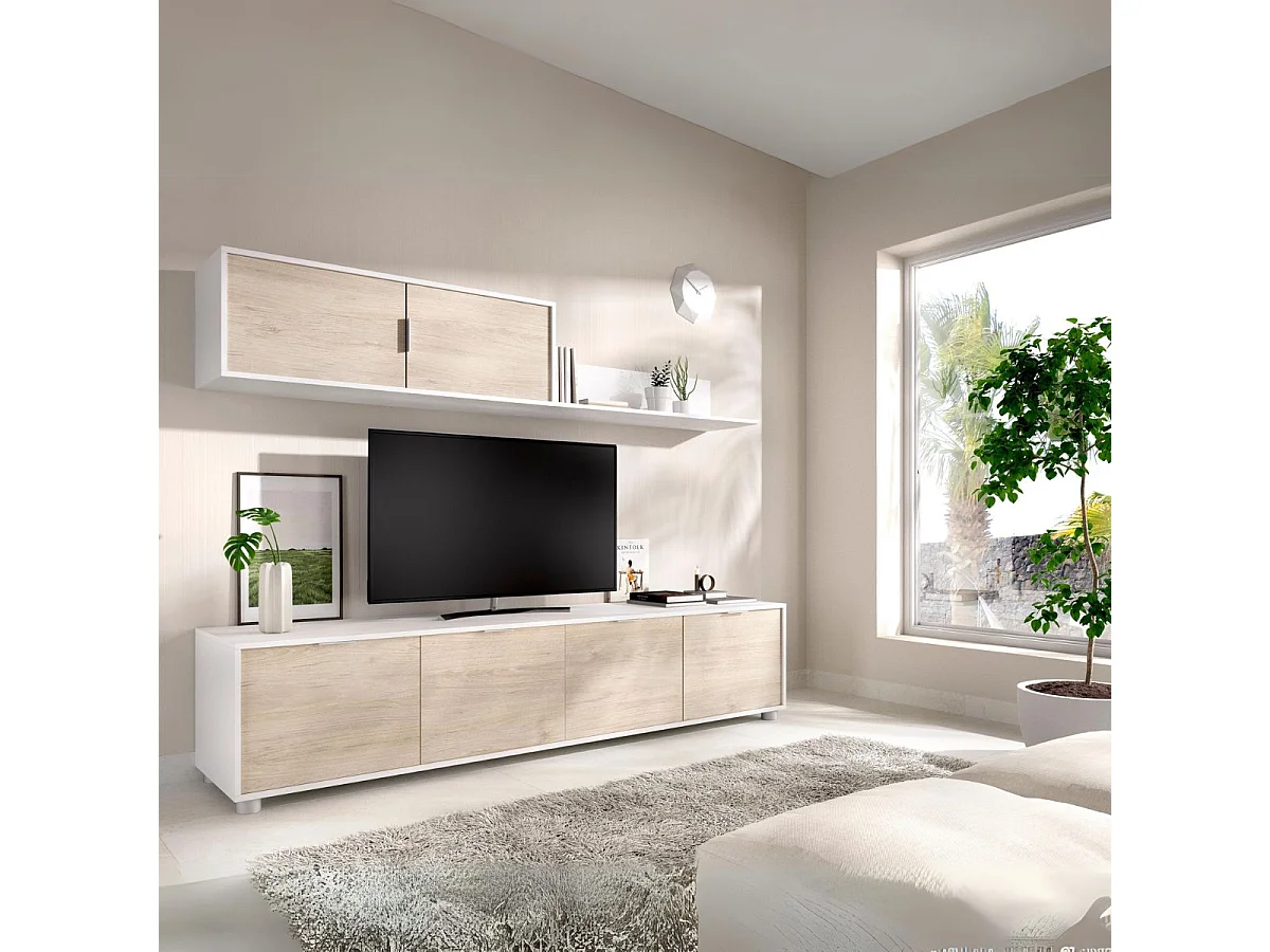 Composición de salón Lima mueble bajo + módulo superior blanco/natural 200 cm