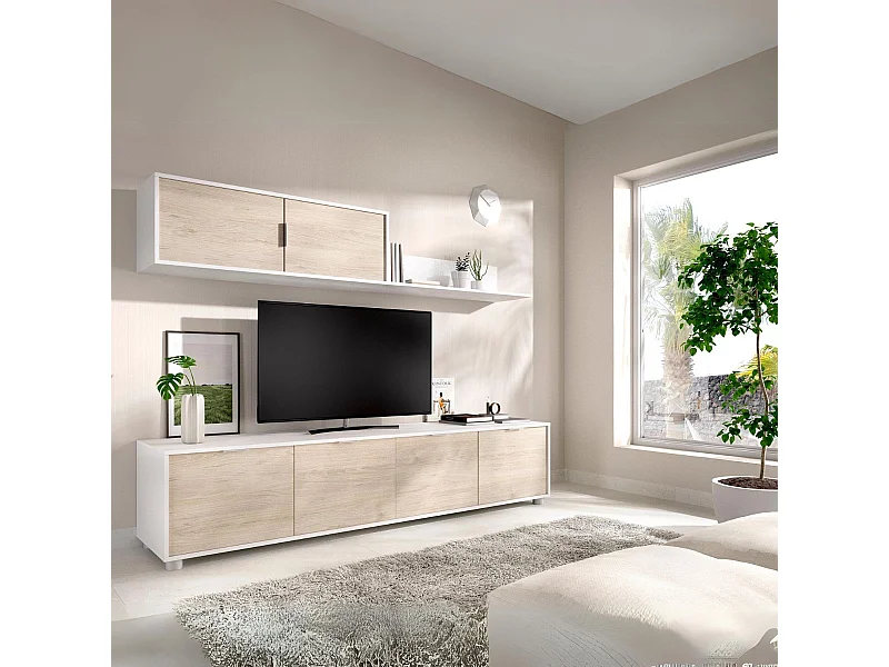 Composición de salón Lima mueble bajo + módulo superior blanco/natural 200 cm